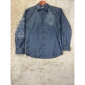 Lamasini Mens M Black Silver Striped Embroidered Rhinestone Snap Button Western